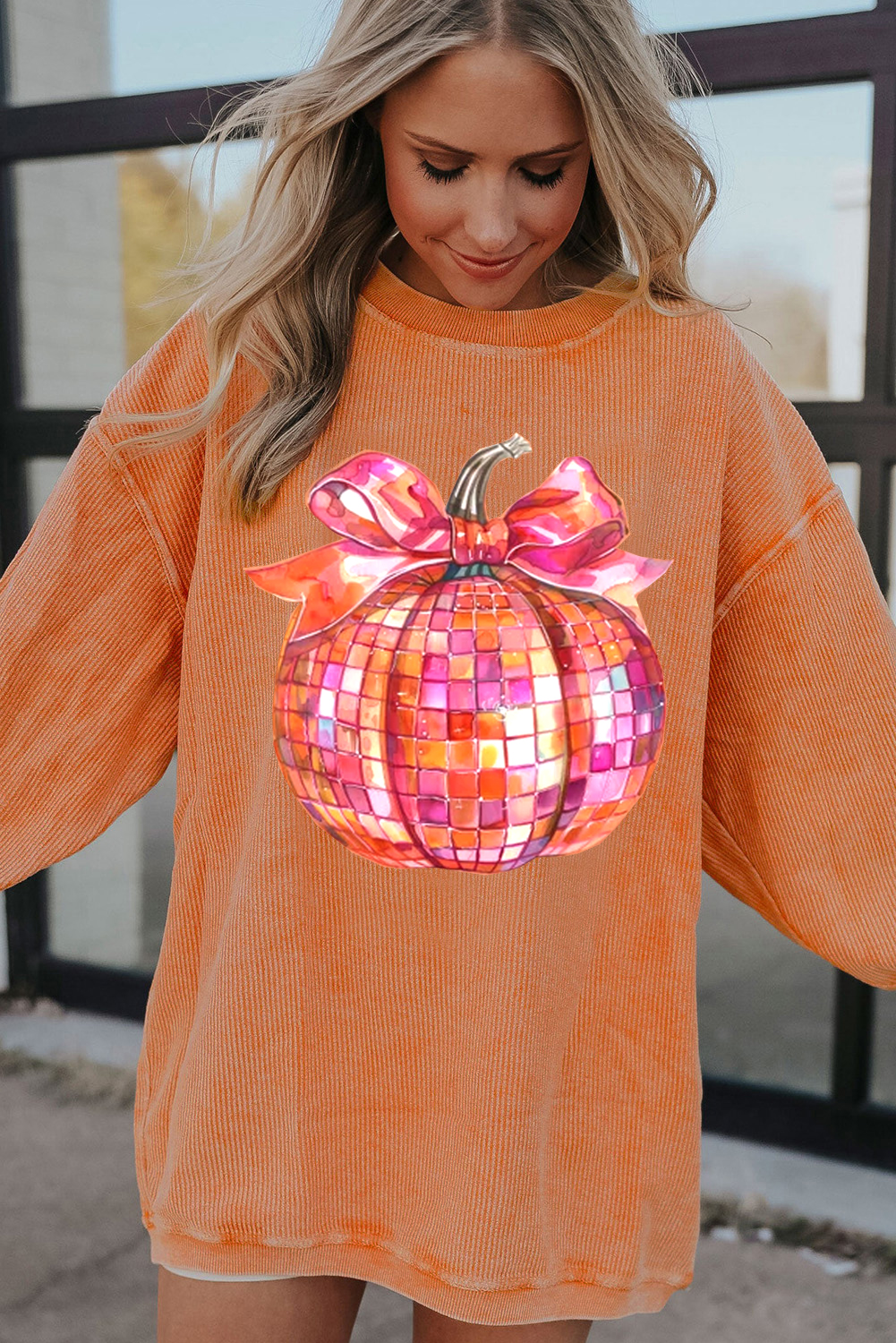 Women's Sweatshirt, Orange Sweatshirt, Pumpkin Graphic, Bow Design, Crewneck, Long Sleeve, Casual, Thanksgiving Apparel, Autumn Fashion, Cozy, Corded Fabric, Daily Wear, Graphic Sweatshirts, Statement Piece, Lounge Wear - Detail View 4 Women's Sweatshirt, Orange Sweatshirt, Pumpkin Graphic, Bow Design, Crewneck, Long Sleeve, Casual, Thanksgiving Apparel, Autumn Fashion, Cozy, Corded Fabric, Daily Wear, Graphic Sweatshirts, Statement Piece, Lounge Wear - Detail View 4