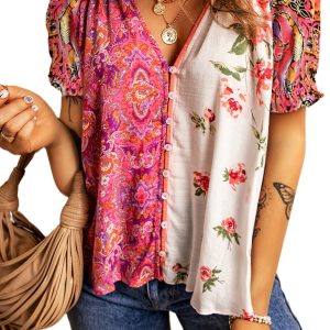Women's Multicolour Boho Floral Patchwork Buttoned Short Sleeve Blouse - Main View