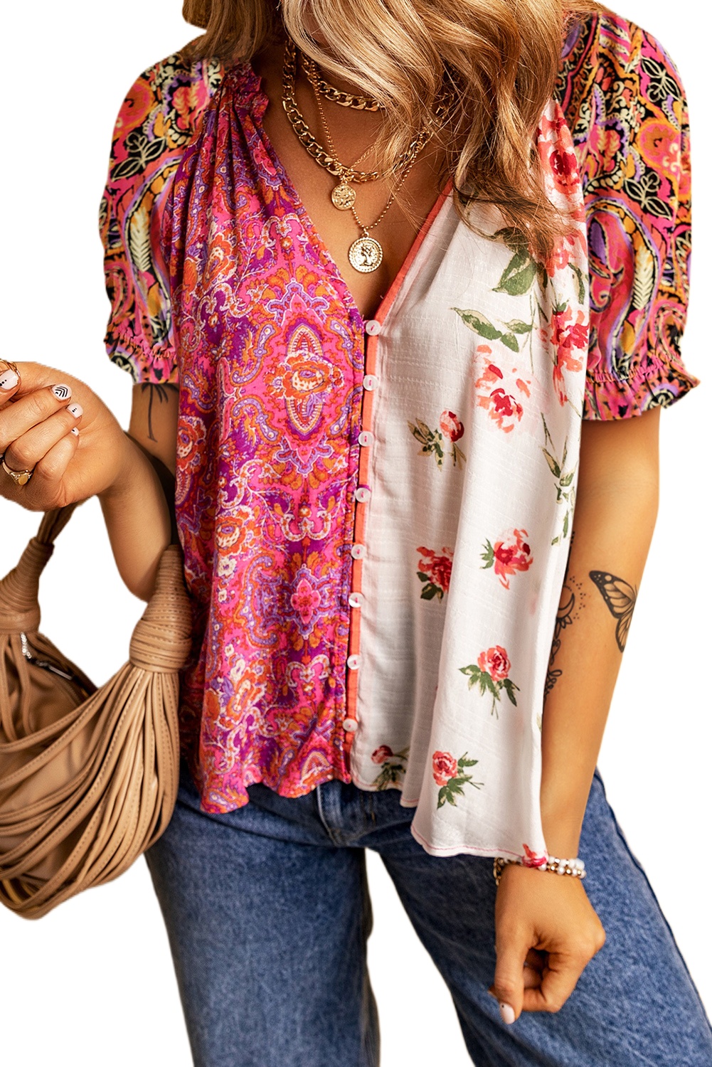 Women's Multicolour Boho Floral Patchwork Buttoned Short Sleeve Blouse - Main View Women's Multicolour Boho Floral Patchwork Buttoned Short Sleeve Blouse - Main View