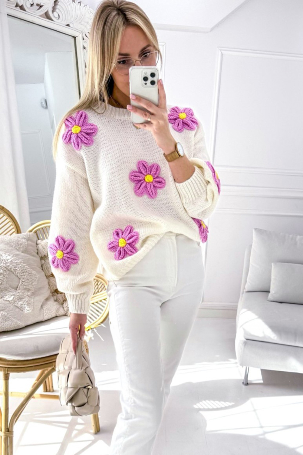 Add a touch of everyday elegance to your wardrobe with this Women's White Floral Crochet Chunky Knit Sweater. The delicate floral embroidery on this knit sweater exudes charm and sophistication, making it a stylish choice for daily wear. The casual, cozy, and oversized fit is flattering for all shapes, ensuring comfort and a trendy look. Made from a premium blend of 60% acrylic and 40% polyamide, this sweater is soft, warm, and comfortable for all-day wear. The classic white color and floral pattern add a timeless and chic appeal to the sweater. Different color options and sizes are available, providing a variety of choices for your personal style. Pair this sweater with your favorite jeans or leggings for a cozy and fashionable winter ensemble. Stay stylish and warm with this quality and elegant floral knit sweater. - Detail View 9 Add a touch of everyday elegance to your wardrobe with this Women's White Floral Crochet Chunky Knit Sweater. The delicate floral embroidery on this knit sweater exudes charm and sophistication, making it a stylish choice for daily wear. The casual, cozy, and oversized fit is flattering for all shapes, ensuring comfort and a trendy look. Made from a premium blend of 60% acrylic and 40% polyamide, this sweater is soft, warm, and comfortable for all-day wear. The classic white color and floral pattern add a timeless and chic appeal to the sweater. Different color options and sizes are available, providing a variety of choices for your personal style. Pair this sweater with your favorite jeans or leggings for a cozy and fashionable winter ensemble. Stay stylish and warm with this quality and elegant floral knit sweater. - Detail View 9