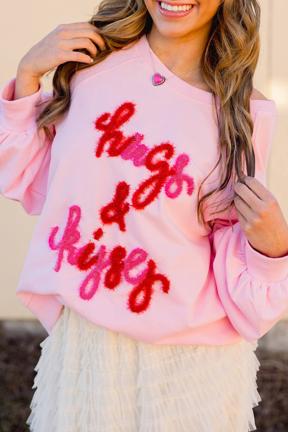 Casual Long Sleeve Raglan Sweatshirt - Cute and Trendy Hugs & Kisses Design for Fall & Autumn - Detail View 3 Casual Long Sleeve Raglan Sweatshirt - Cute and Trendy Hugs & Kisses Design for Fall & Autumn - Detail View 3