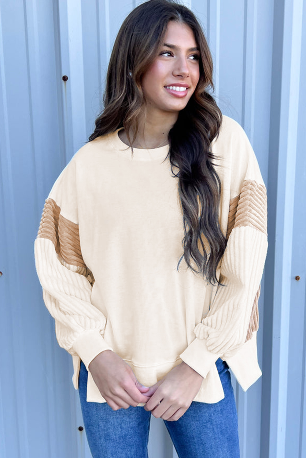 Women's Apricot Corduroy Patchwork Sweatshirt - Drop Shoulder, Long Sleeve - Detail View 6 Women's Apricot Corduroy Patchwork Sweatshirt - Drop Shoulder, Long Sleeve - Detail View 6