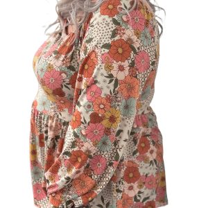 Plus Size Khaki Floral Square Neck Peplum Blouse - Main View