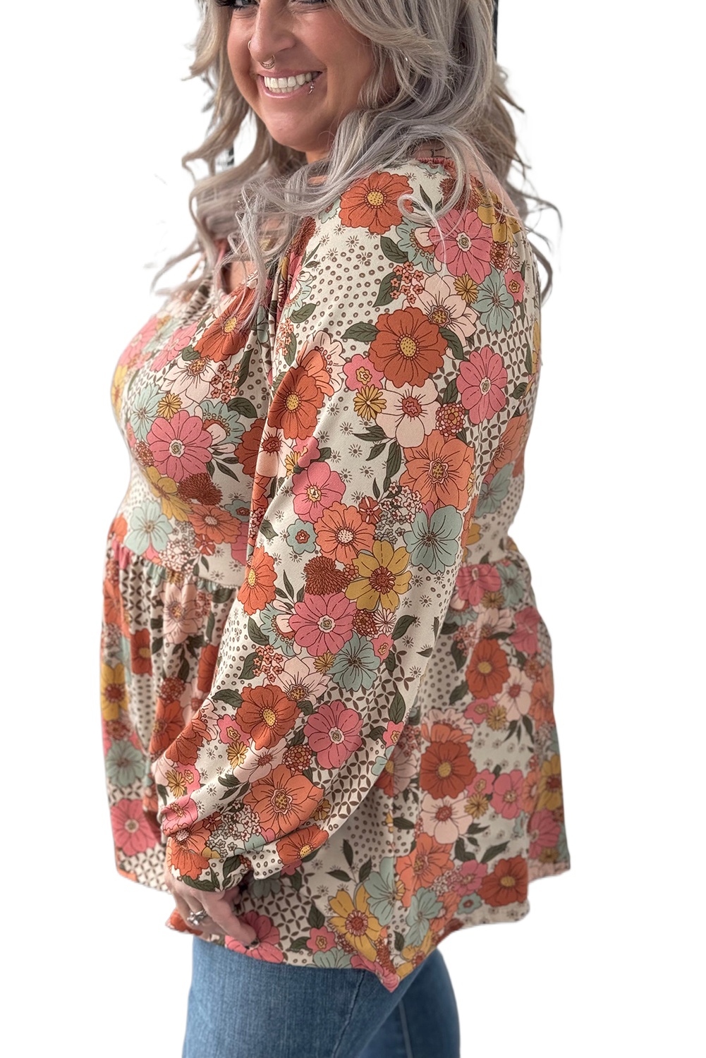 Plus Size Khaki Floral Square Neck Peplum Blouse - Main View Plus Size Khaki Floral Square Neck Peplum Blouse - Main View