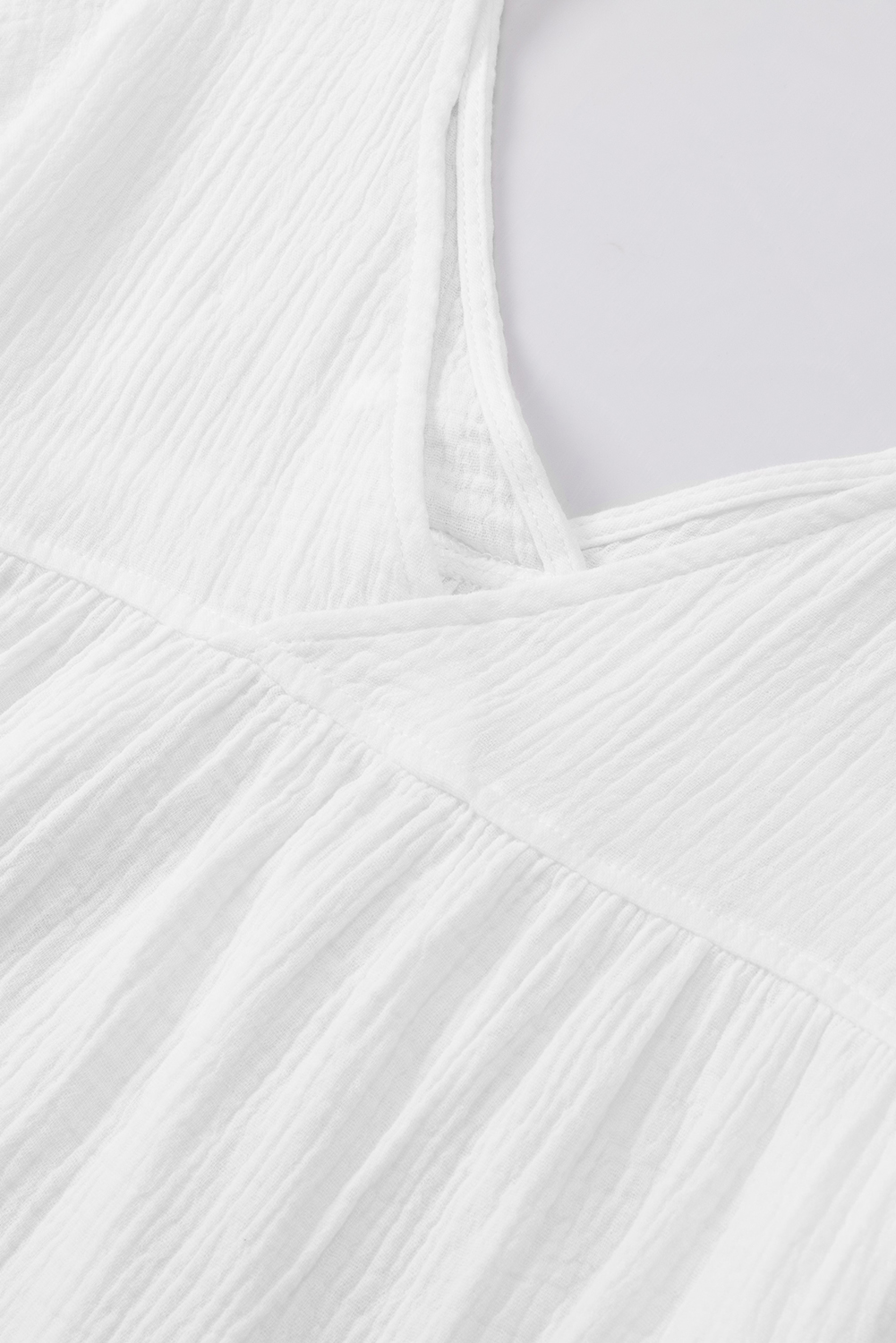 Women's V Neck Blouse, Textured Cotton Three Quarter Sleeve - Detail View 10 Women's V Neck Blouse, Textured Cotton Three Quarter Sleeve - Detail View 10