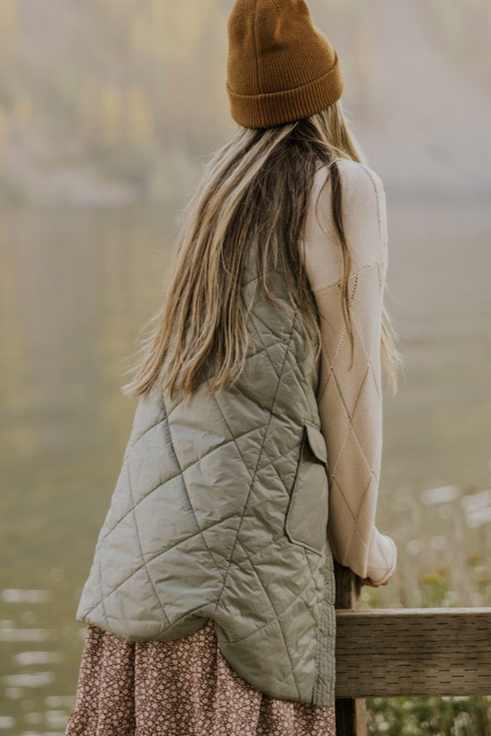 Grass Green Long Quilted Vest, Daily Women's Layering Piece - Detail View 3 Grass Green Long Quilted Vest, Daily Women's Layering Piece - Detail View 3