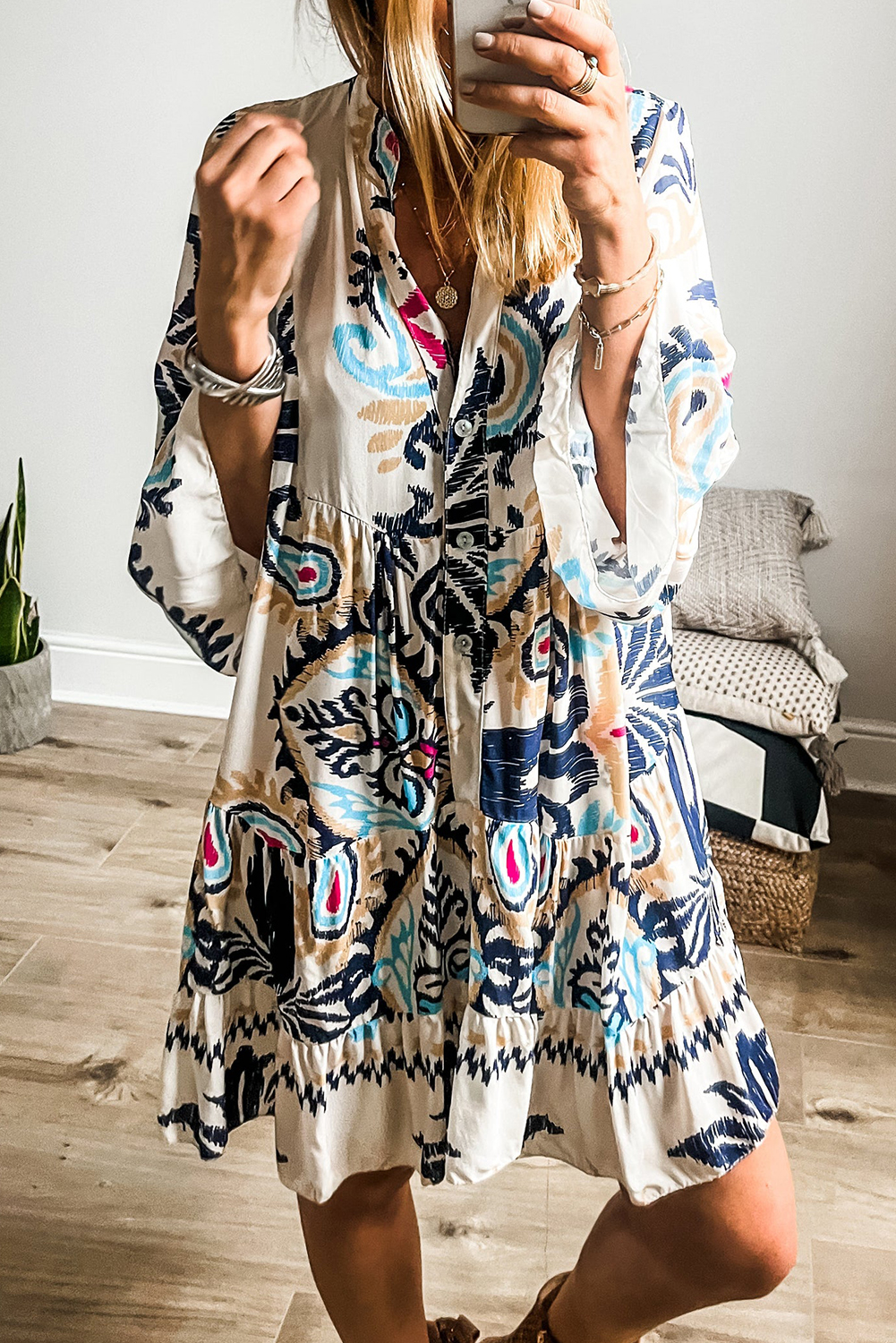 Stylish Bohemian White Printed Mini Dress with Tribal Print - Detail View 2 Stylish Bohemian White Printed Mini Dress with Tribal Print - Detail View 2