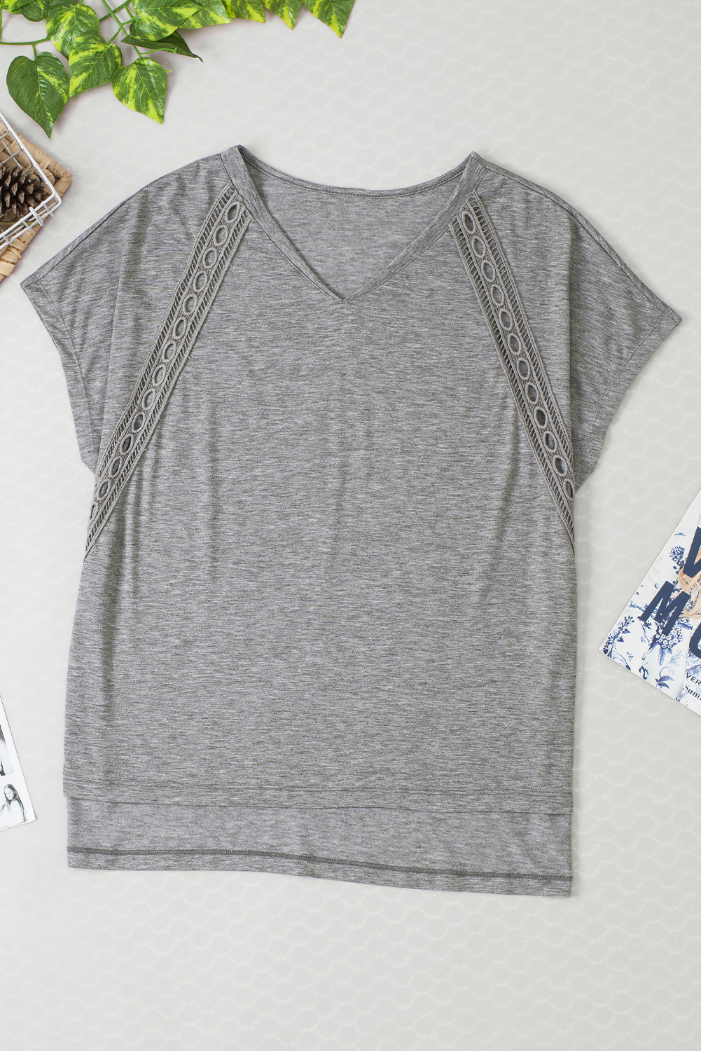 Chic V-Neck Crochet Lace Bat Sleeve Tee in Gray - Detail View 7 Chic V-Neck Crochet Lace Bat Sleeve Tee in Gray - Detail View 7