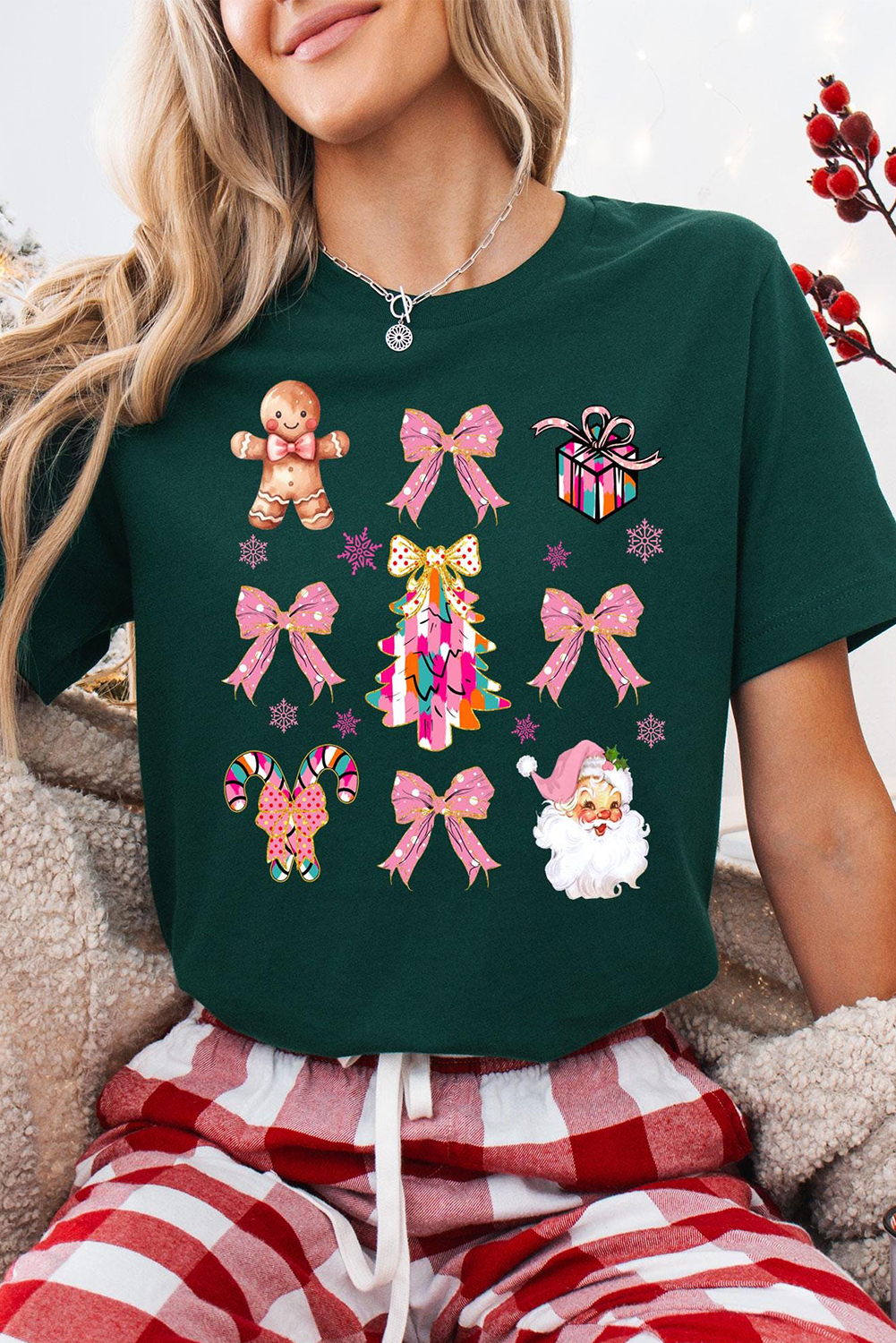 Festive Green Graphic Tee for Women - Perfect for Holiday Celebrations - Detail View 2 Festive Green Graphic Tee for Women - Perfect for Holiday Celebrations - Detail View 2