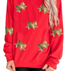 Women's Red Bowknot Patched Crewneck Christmas Sweatshirt - Main View