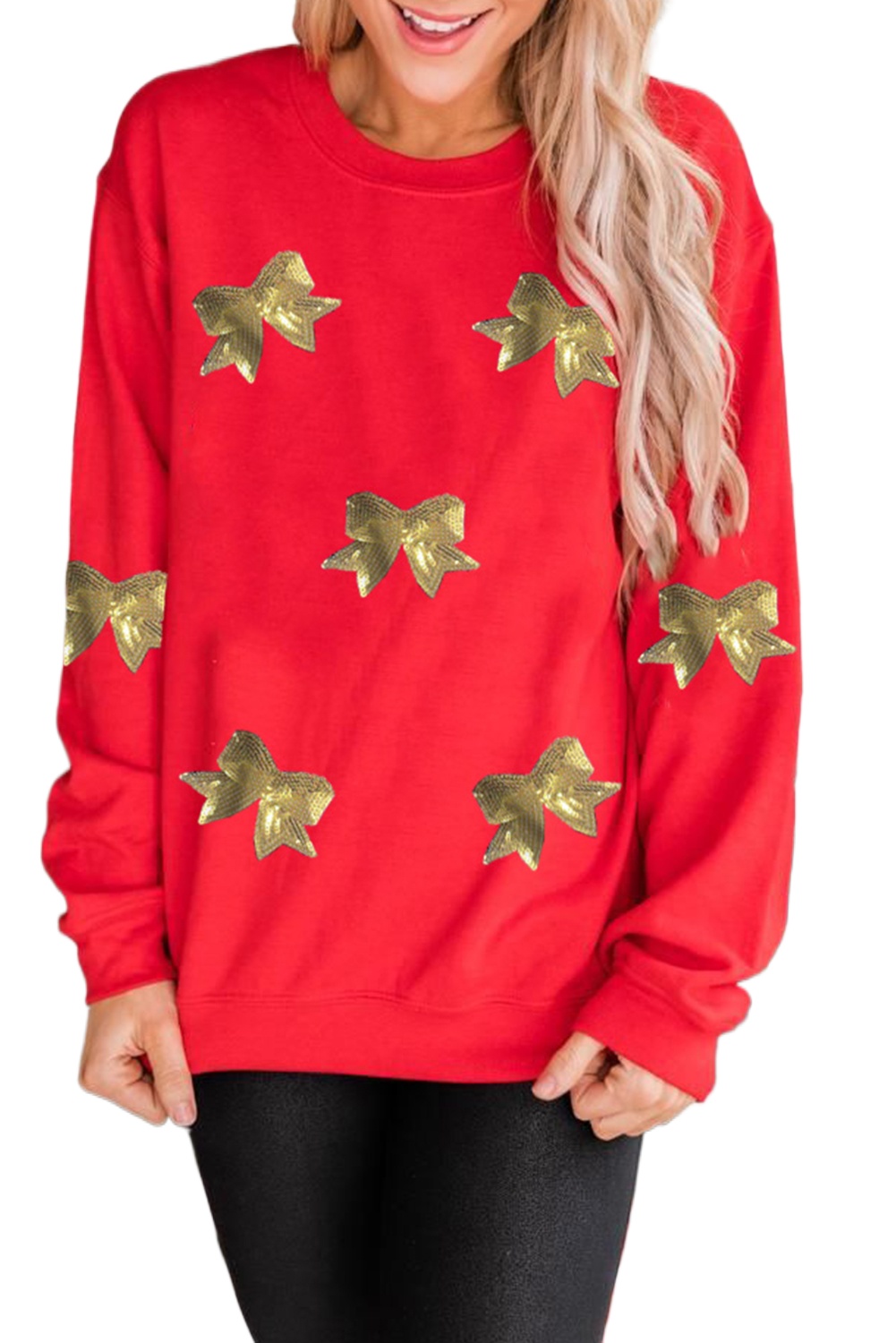Women's Red Bowknot Patched Crewneck Christmas Sweatshirt - Main View Women's Red Bowknot Patched Crewneck Christmas Sweatshirt - Main View