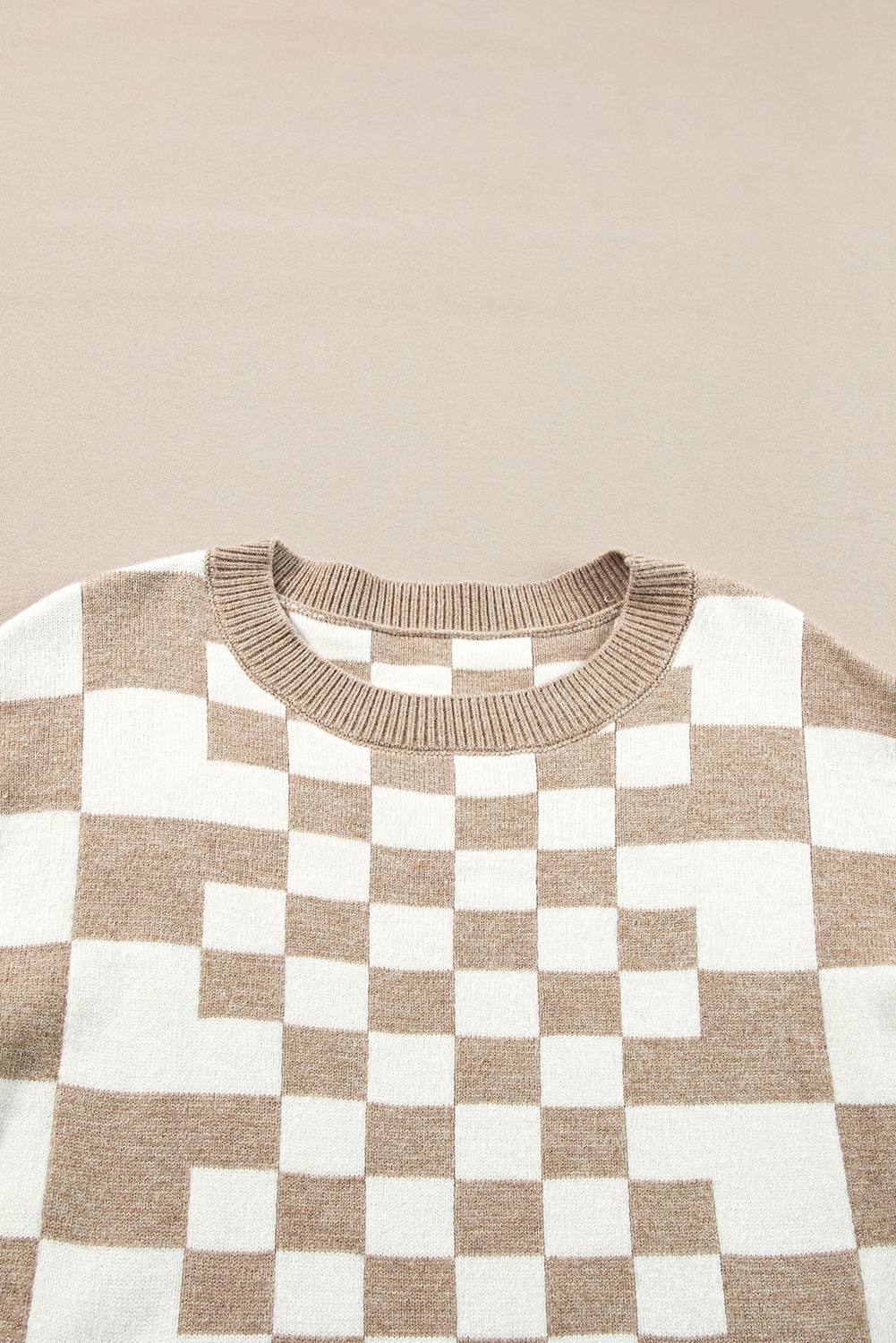 Women's Khaki Checkered Sweater, Casual Long Sleeve Knit Top - Detail View 10 Women's Khaki Checkered Sweater, Casual Long Sleeve Knit Top - Detail View 10