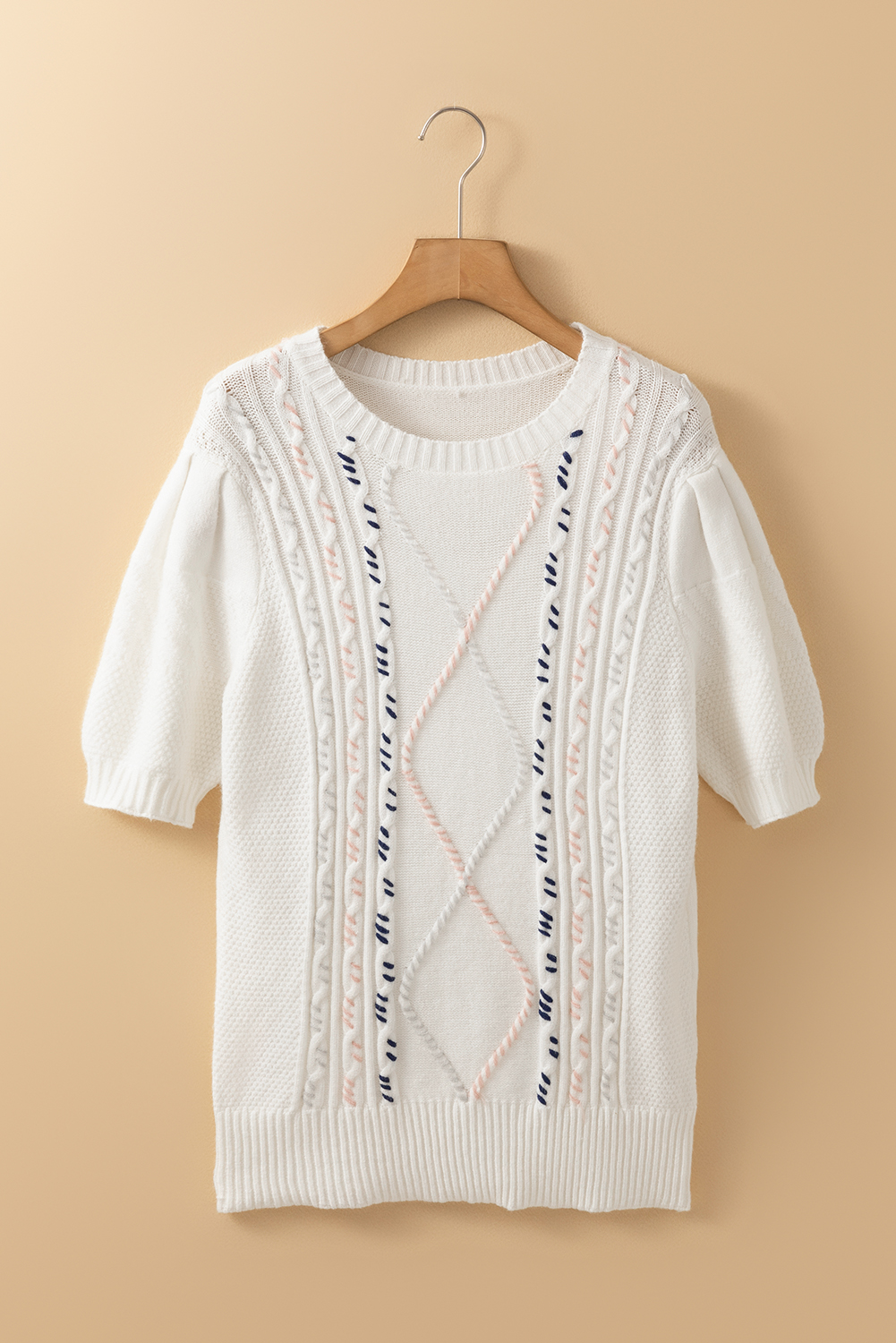 Women's Sweater, White Sweater, Short Sleeve, Cable Knit, Multicolor Stitch, Puff Sleeves, Casual Style, Dressy Top, Summer Wear, Cozy Fit, Elegant Design, Round Neck, Abstract Pattern, Tops, Sweaters & Cardigans - Detail View 8 Women's Sweater, White Sweater, Short Sleeve, Cable Knit, Multicolor Stitch, Puff Sleeves, Casual Style, Dressy Top, Summer Wear, Cozy Fit, Elegant Design, Round Neck, Abstract Pattern, Tops, Sweaters & Cardigans - Detail View 8