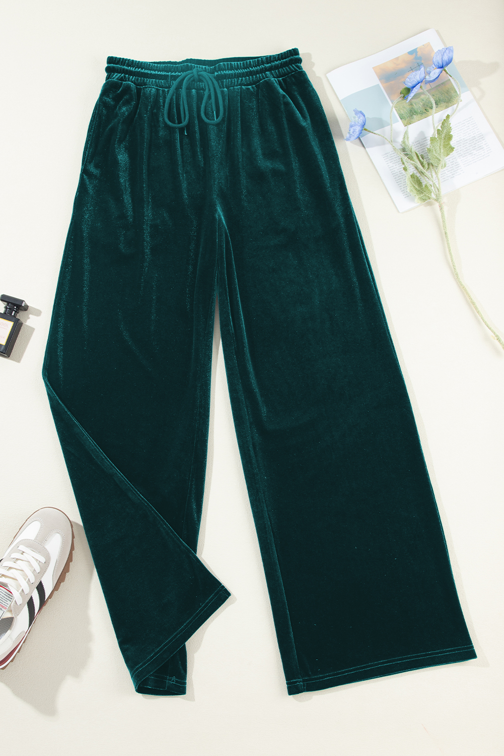 Women's Pants, Evergreen, Solid Color, Wide Leg, Drawstring Waist, High Waist, Versatile, Comfortable, Chic, Activewear, Winter Season, Daily Wear, Outdoor Activities, Premium Material, Trendy - Detail View 15 Women's Pants, Evergreen, Solid Color, Wide Leg, Drawstring Waist, High Waist, Versatile, Comfortable, Chic, Activewear, Winter Season, Daily Wear, Outdoor Activities, Premium Material, Trendy - Detail View 15