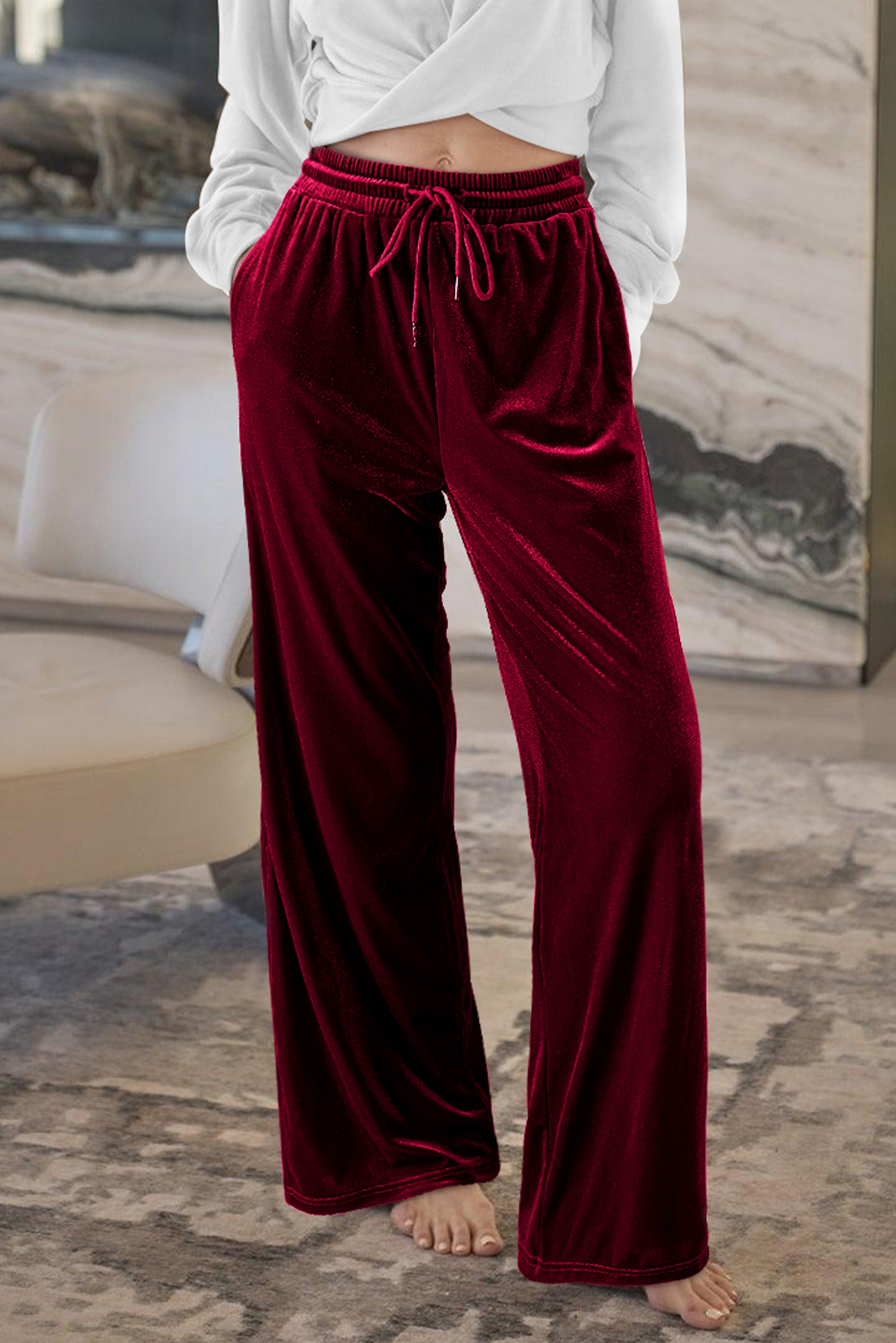 Women's Pants, Burgundy, Solid Color, Wide Leg, Drawstring Waist, High Waist, Velvet, Versatile, Chic, Stylish, Winter Season, Casual Style, Activewear, Yoga Pants - Detail View 15 Women's Pants, Burgundy, Solid Color, Wide Leg, Drawstring Waist, High Waist, Velvet, Versatile, Chic, Stylish, Winter Season, Casual Style, Activewear, Yoga Pants - Detail View 15