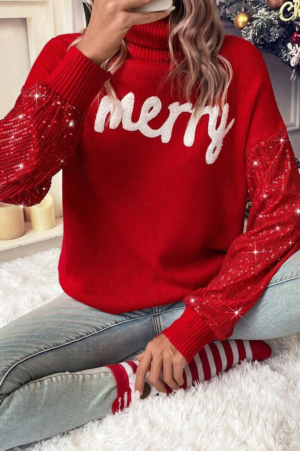 Festive and Cozy Long Sleeve Turtleneck Sweater - Shimmering Sequin Sleeves for Holiday Cheer - Detail View 2 Festive and Cozy Long Sleeve Turtleneck Sweater - Shimmering Sequin Sleeves for Holiday Cheer - Detail View 2