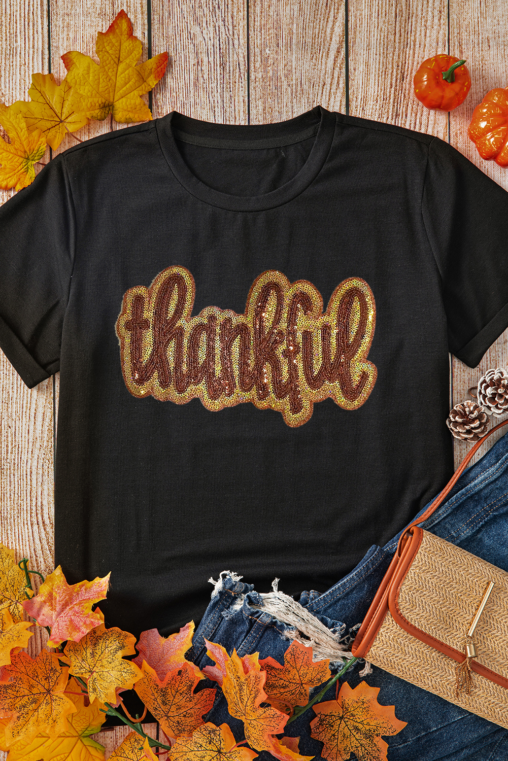 Cozy and Stylish Black Sequined Graphic Tee - Thankful Message - Detail View 3 Cozy and Stylish Black Sequined Graphic Tee - Thankful Message - Detail View 3