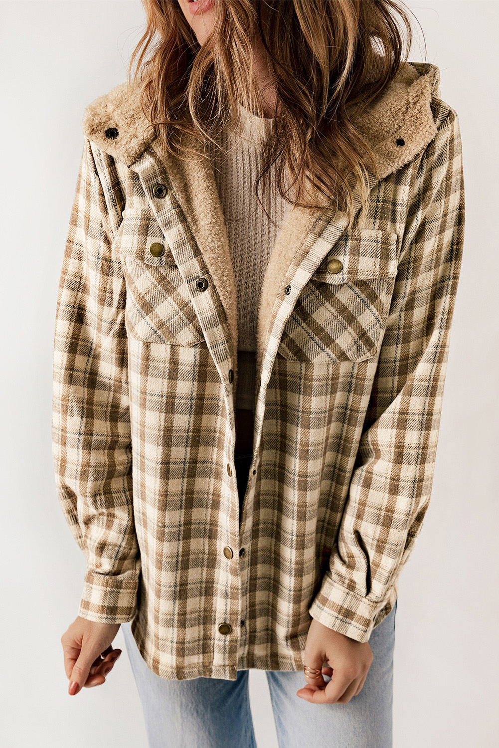 Hooded Plaid Shacket, Women's Cozy Sherpa Lined Outerwear - Detail View 2 Hooded Plaid Shacket, Women's Cozy Sherpa Lined Outerwear - Detail View 2