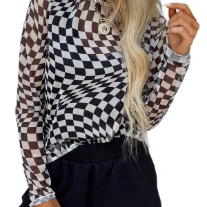 Women's Black Checkered Pattern Mesh Mock Neck Long Sleeve Top - Main View