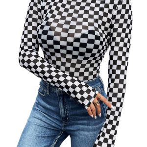 Women's Black Checkered High Neck Long Sleeve Bodysuit - Main View