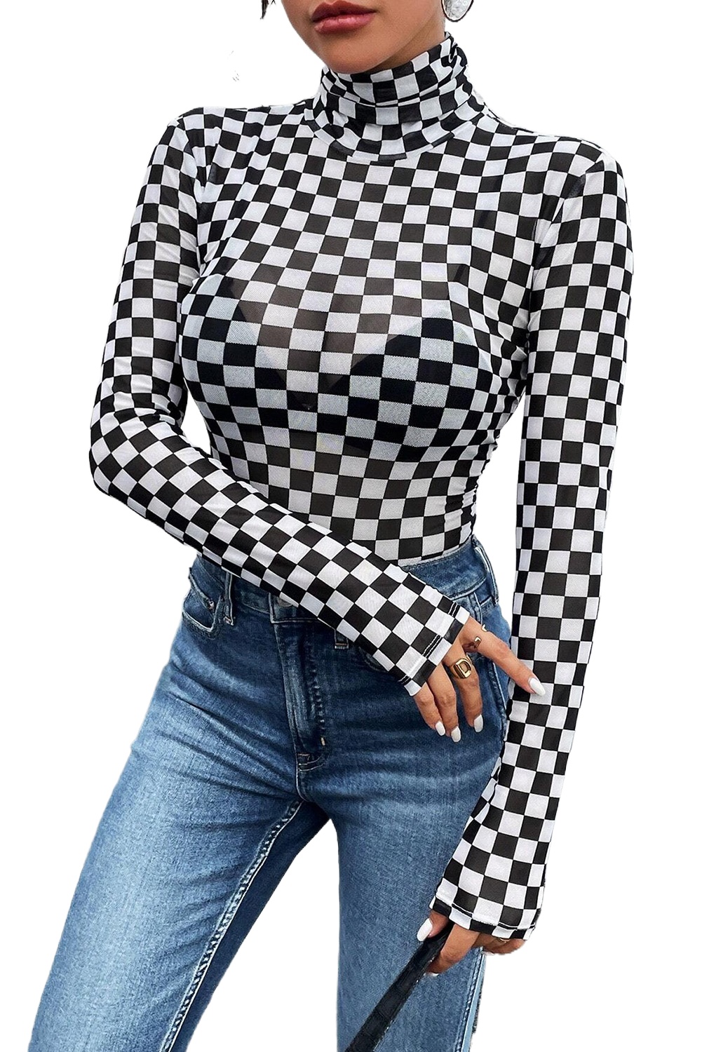 Women's Black Checkered High Neck Long Sleeve Bodysuit - Main View Women's Black Checkered High Neck Long Sleeve Bodysuit - Main View
