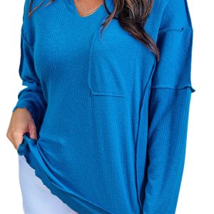 Women's Casual Blue Ribbed Long Sleeve Top with Exposed Seam Detail - Main View