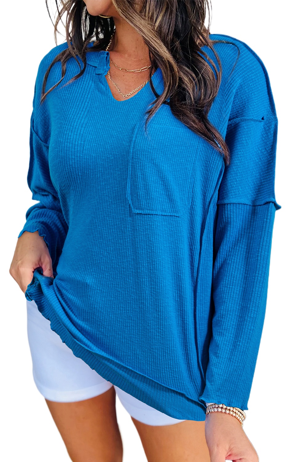 Women's Casual Blue Ribbed Long Sleeve Top with Exposed Seam Detail - Main View Women's Casual Blue Ribbed Long Sleeve Top with Exposed Seam Detail - Main View