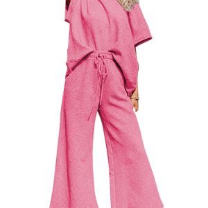 Women's Ribbed Lounge Set, Strawberry Pink Casual Outfit - Main View