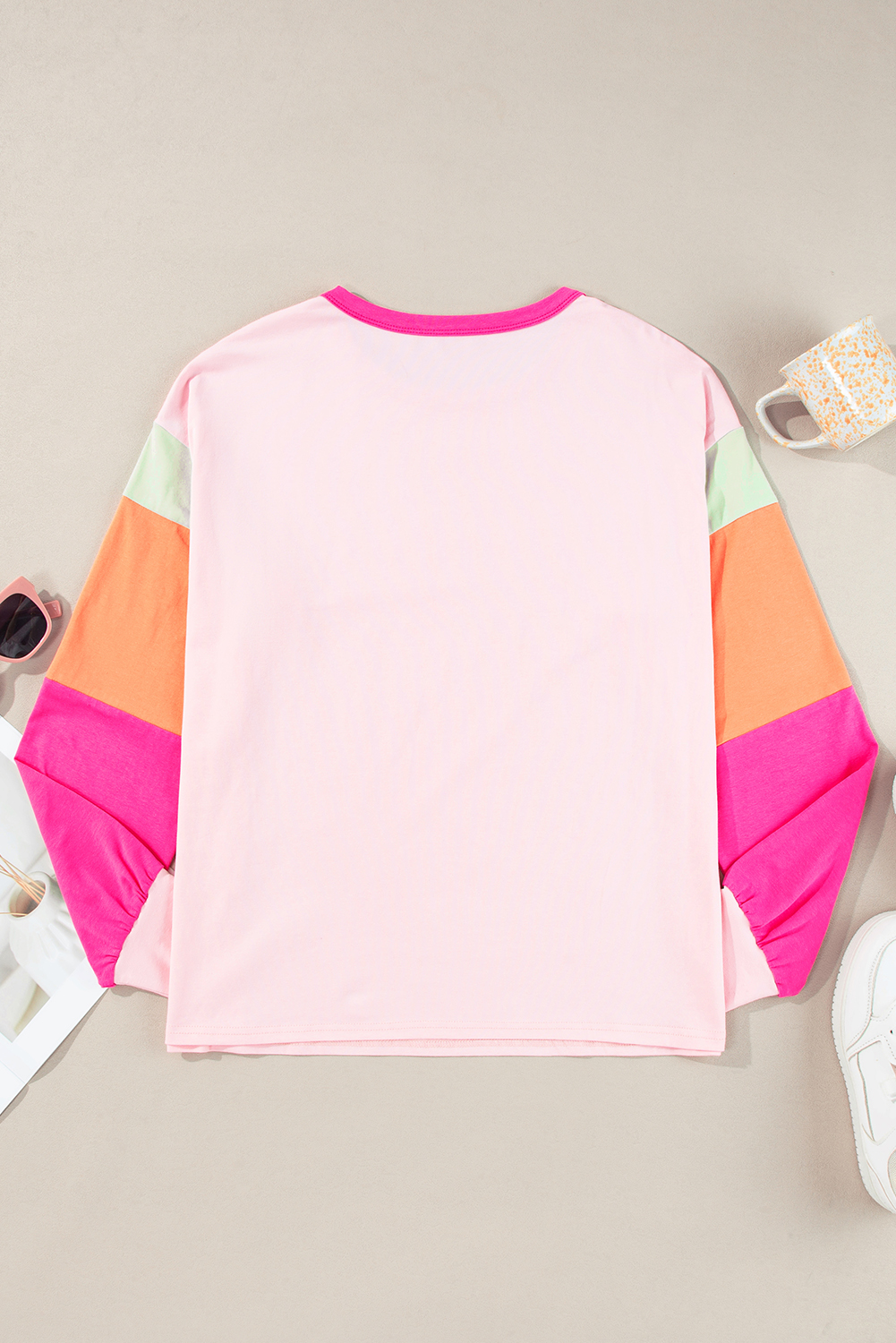 Comfortable Long Sleeve Top - Modern Colorblock Patchwork in Pink - Detail View 3 Comfortable Long Sleeve Top - Modern Colorblock Patchwork in Pink - Detail View 3