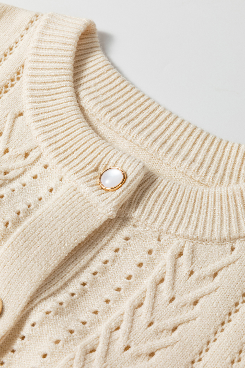 Elegant Long Sleeve Cardigan with Pleated Sleeves and Eyelet Details - Apricot - Detail View 10 Elegant Long Sleeve Cardigan with Pleated Sleeves and Eyelet Details - Apricot - Detail View 10