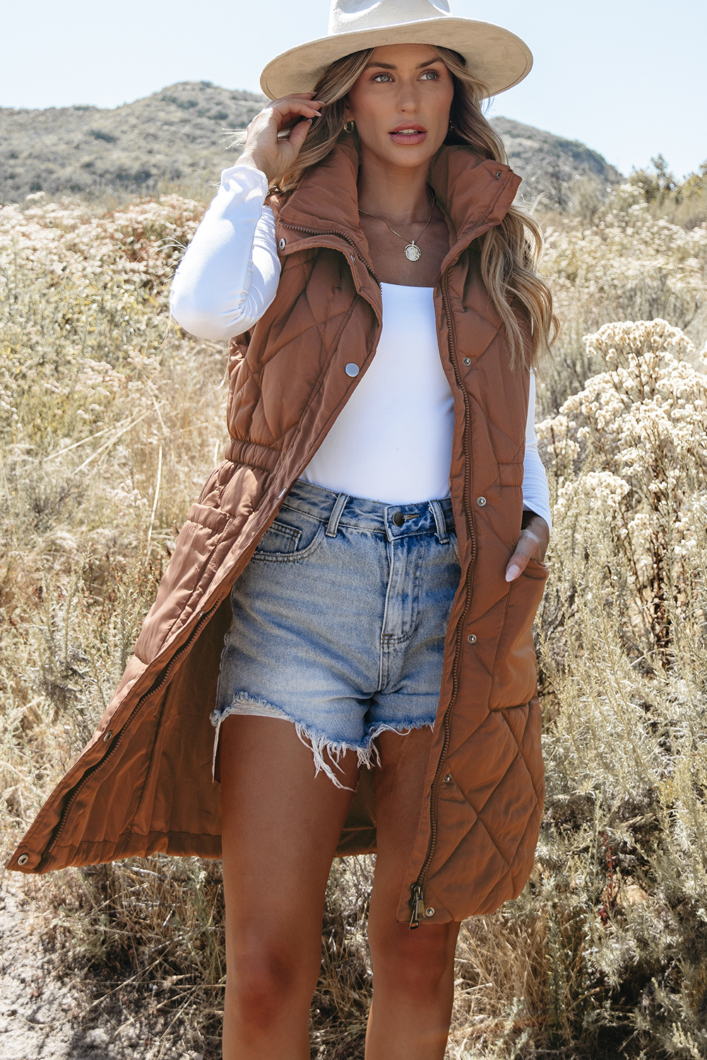 Longline Coffee Quilted Puffer Vest with Stand Collar - Perfect for Casual Winter Wear - Detail View 8 Longline Coffee Quilted Puffer Vest with Stand Collar - Perfect for Casual Winter Wear - Detail View 8