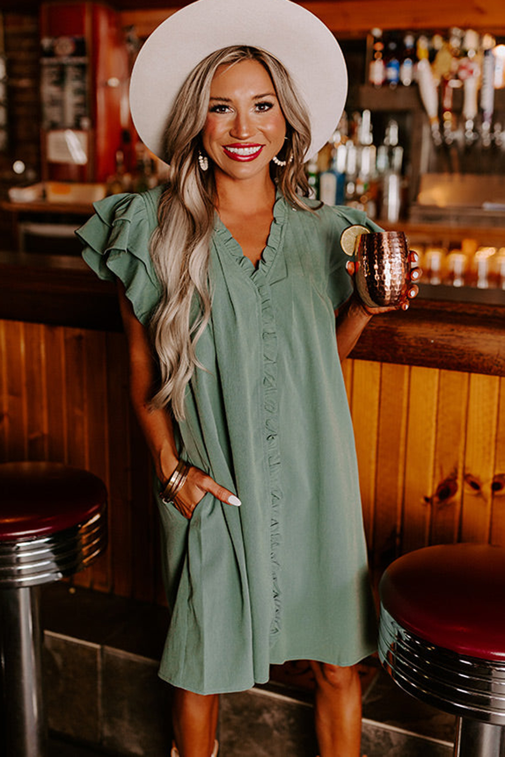 Elegant Short Sleeve Frilled Dress in Mist Green - Casual Style - Detail View 7 Elegant Short Sleeve Frilled Dress in Mist Green - Casual Style - Detail View 7