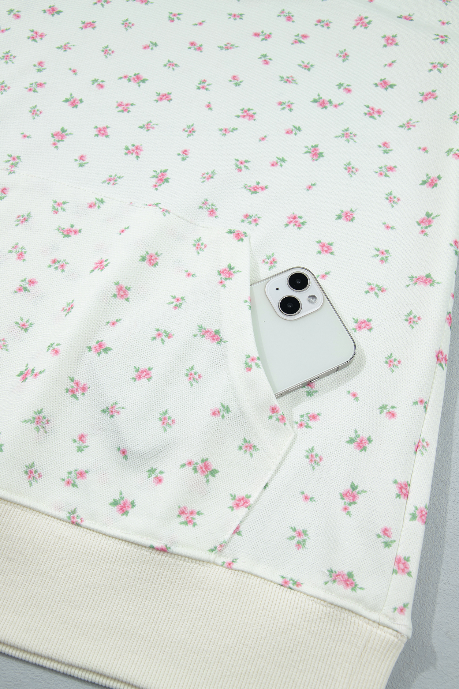 Women's White Floral Hoodie, Cozy Country Style Long Sleeve - Detail View 14 Women's White Floral Hoodie, Cozy Country Style Long Sleeve - Detail View 14