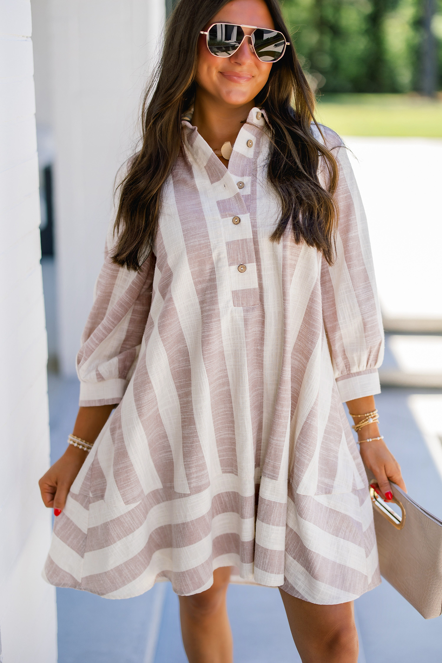 Short Striped Button Up Dress, Relaxed Khaki Autumn Apparel - Detail View 8 Short Striped Button Up Dress, Relaxed Khaki Autumn Apparel - Detail View 8