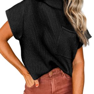 Women's Ribbed Knit Sweater, Short Sleeve High Neck Top - Main View