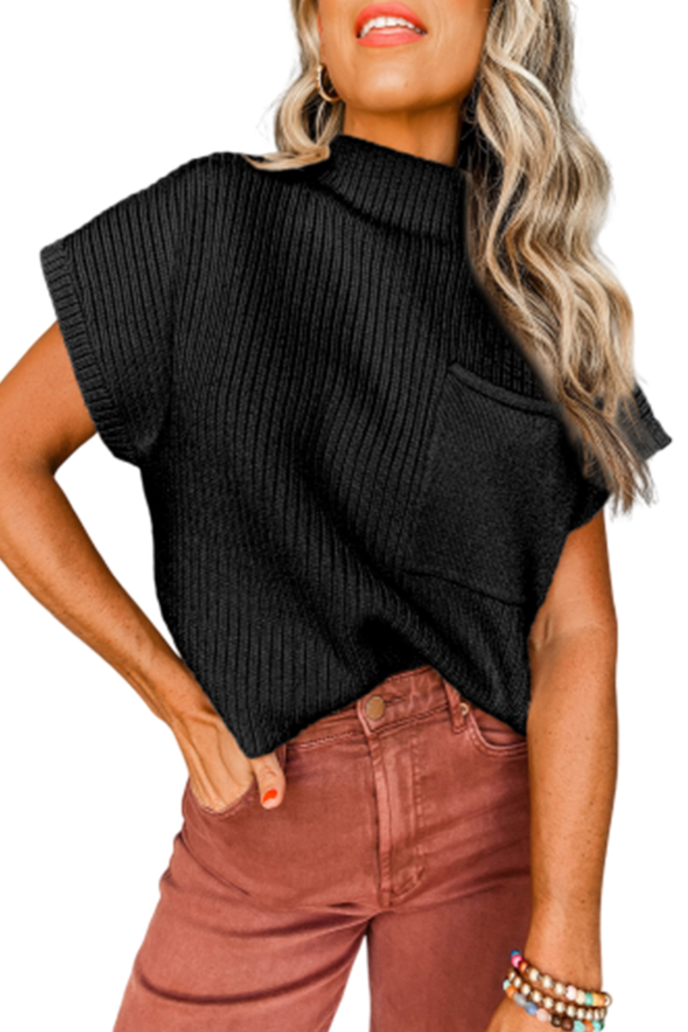 Women's Ribbed Knit Sweater, Short Sleeve High Neck Top - Main View Women's Ribbed Knit Sweater, Short Sleeve High Neck Top - Main View