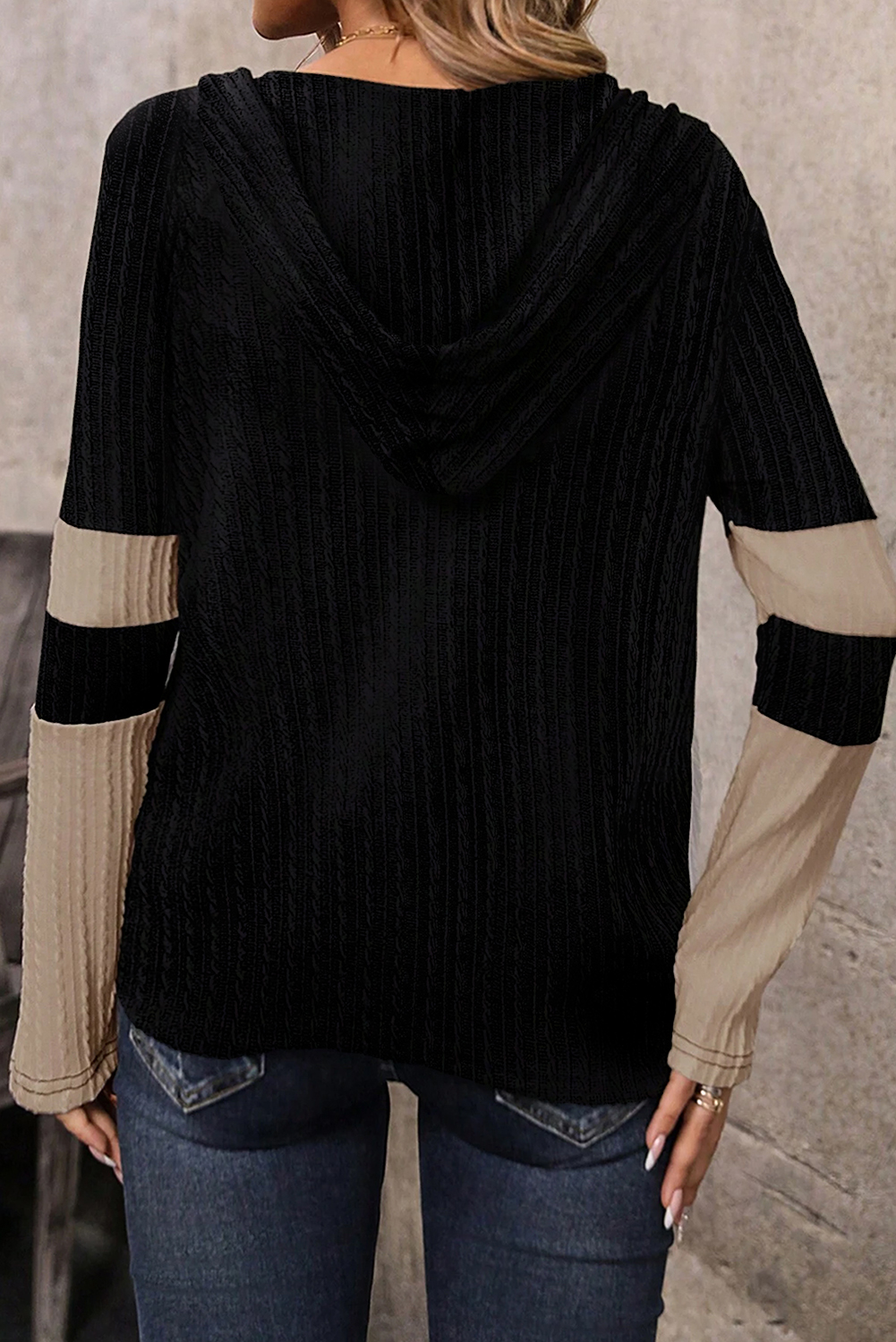 Stylish Quarter Zip Drawstring Hooded Top in Textured Fabric for Fall - Detail View 3 Stylish Quarter Zip Drawstring Hooded Top in Textured Fabric for Fall - Detail View 3