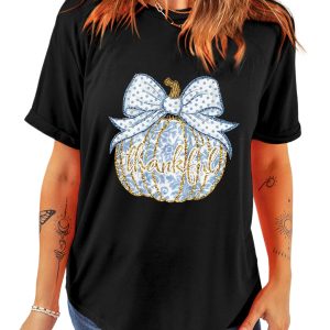 Women's Black Polka Dot Bow Knot Thankful Pumpkin Graphic T-Shirt - Main View