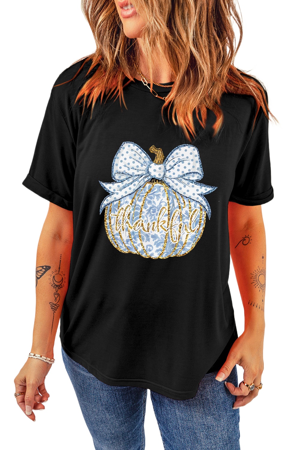 Women's Black Polka Dot Bow Knot Thankful Pumpkin Graphic T-Shirt - Main View Women's Black Polka Dot Bow Knot Thankful Pumpkin Graphic T-Shirt - Main View