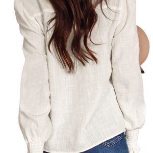 Women's White Floral Embroidered Shirred Sleeve Elegant Shirt - Main View