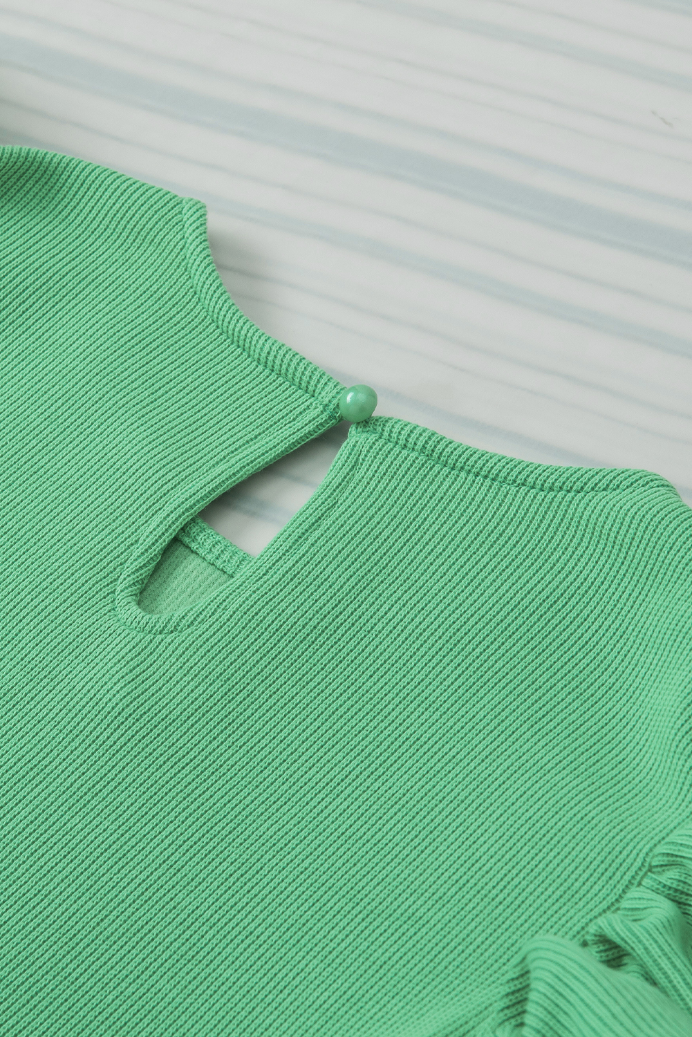 Green Round Neck Knit Top, Summer Ruffle Sleeve Blouse - Detail View 11 Green Round Neck Knit Top, Summer Ruffle Sleeve Blouse - Detail View 11