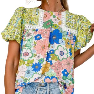 Women's Floral Puff Sleeve Blouse, Casual Round Neck Top - Main View