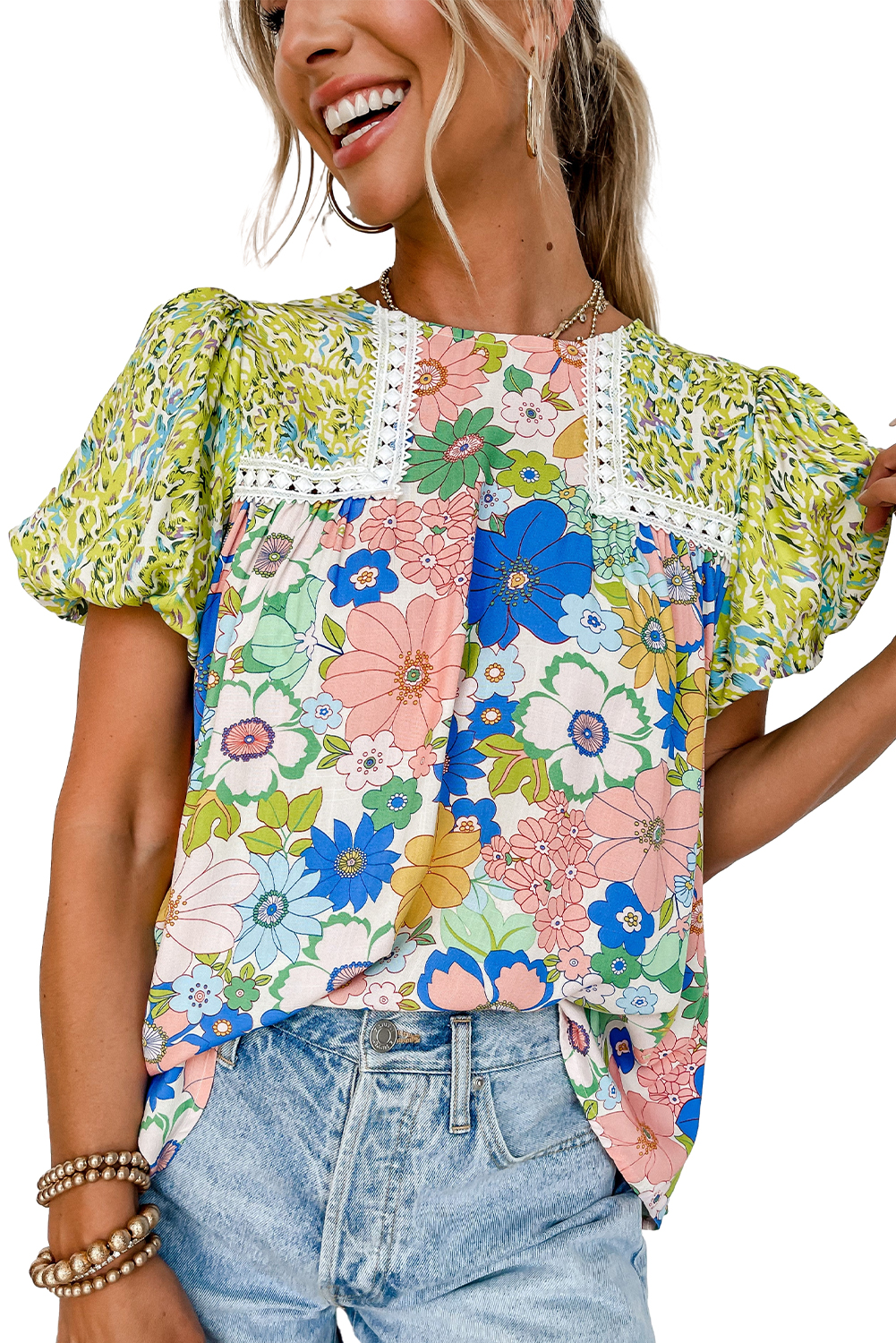 Women's Floral Puff Sleeve Blouse, Casual Round Neck Top - Main View Women's Floral Puff Sleeve Blouse, Casual Round Neck Top - Main View