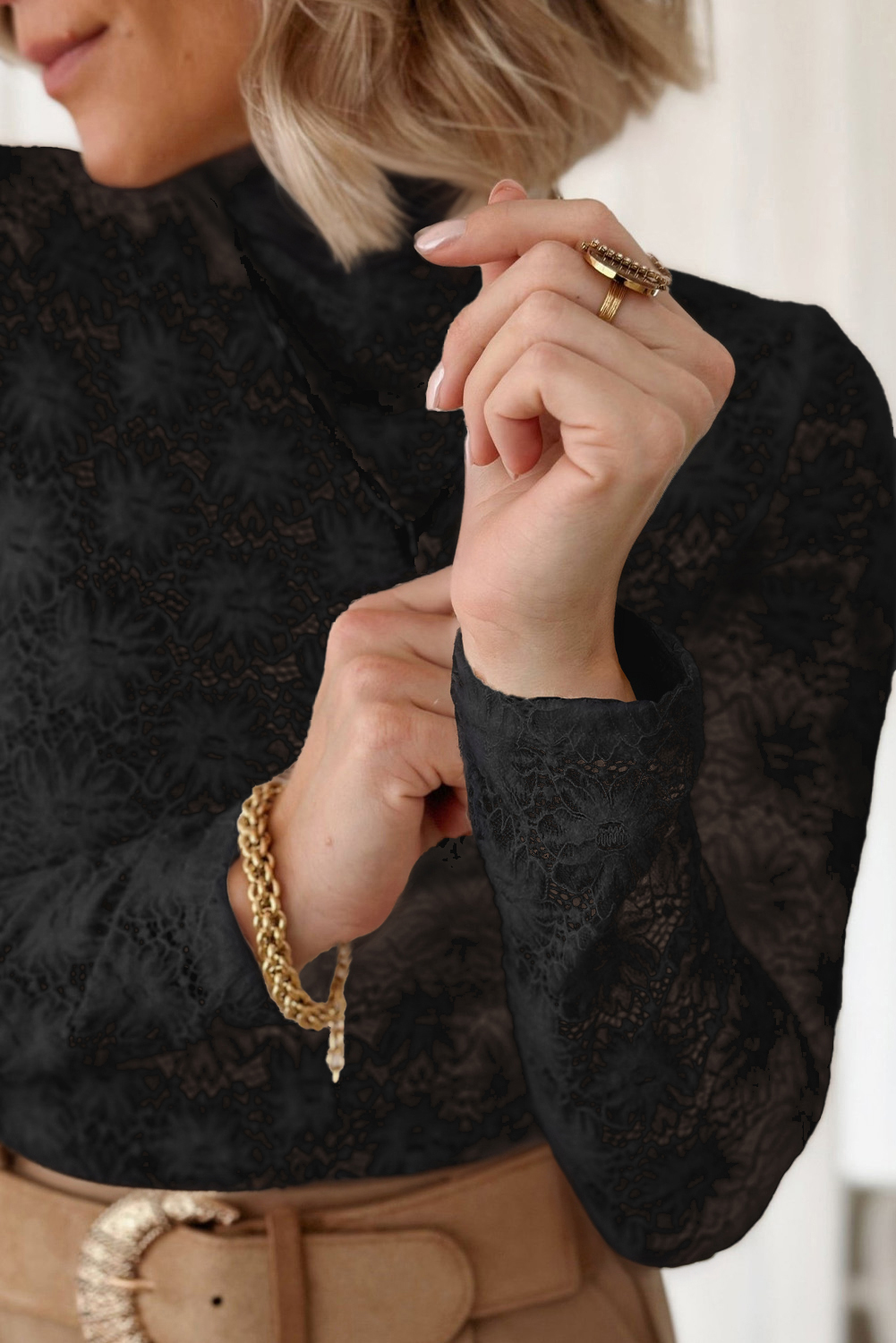Women's Black Floral Lace High Neck Long Sleeve Top - Detail View 6 Women's Black Floral Lace High Neck Long Sleeve Top - Detail View 6