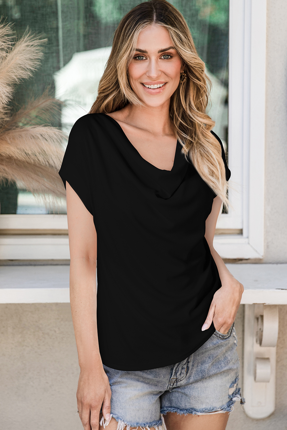 Stylish and Cozy: Fine Fabric Black T-Shirt with Cowl Neck and Bat Sleeve - Detail View 8 Stylish and Cozy: Fine Fabric Black T-Shirt with Cowl Neck and Bat Sleeve - Detail View 8