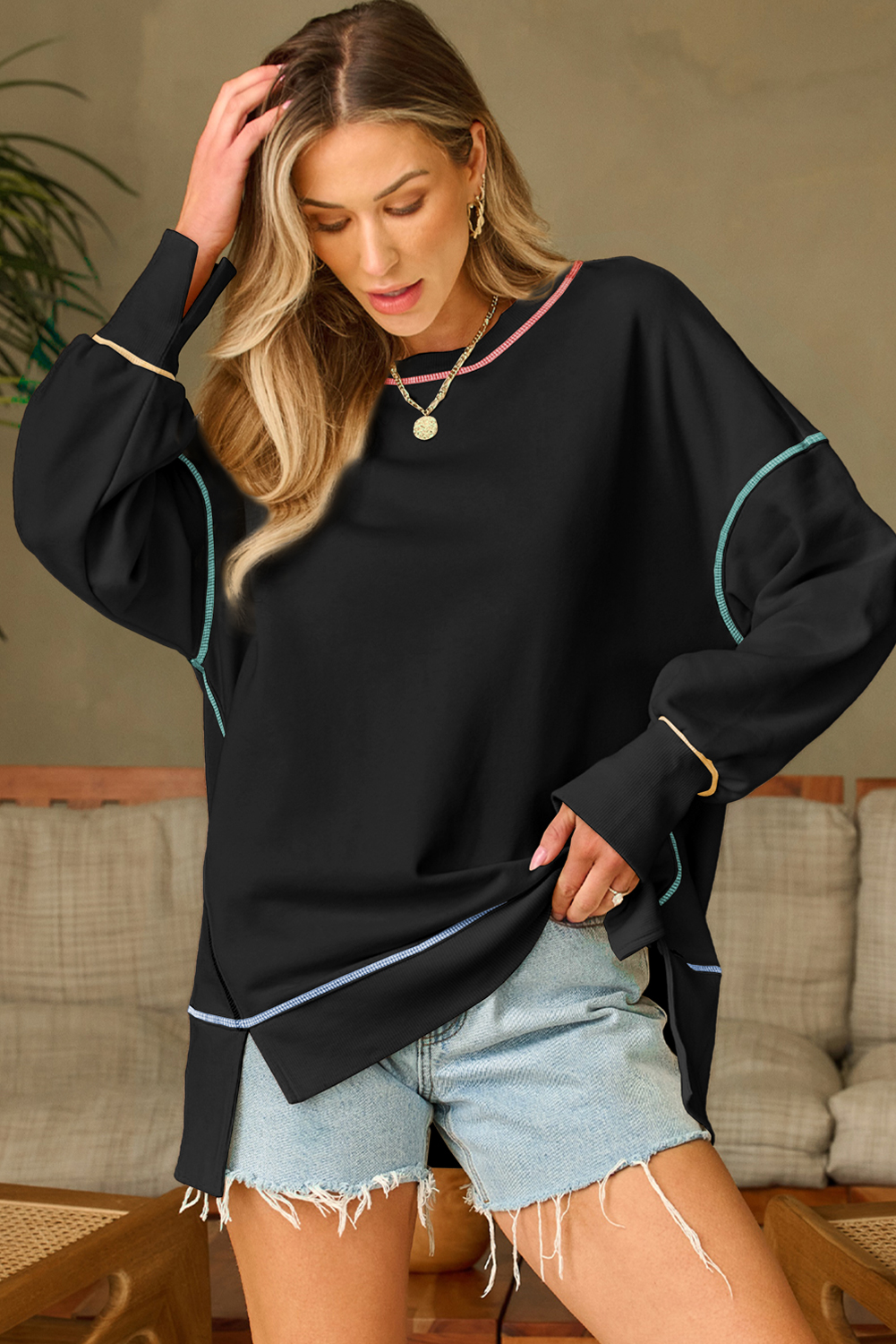 Oversized Crew Neck Sweatshirt, Modern Contrast Stitch Top - Detail View 3 Oversized Crew Neck Sweatshirt, Modern Contrast Stitch Top - Detail View 3