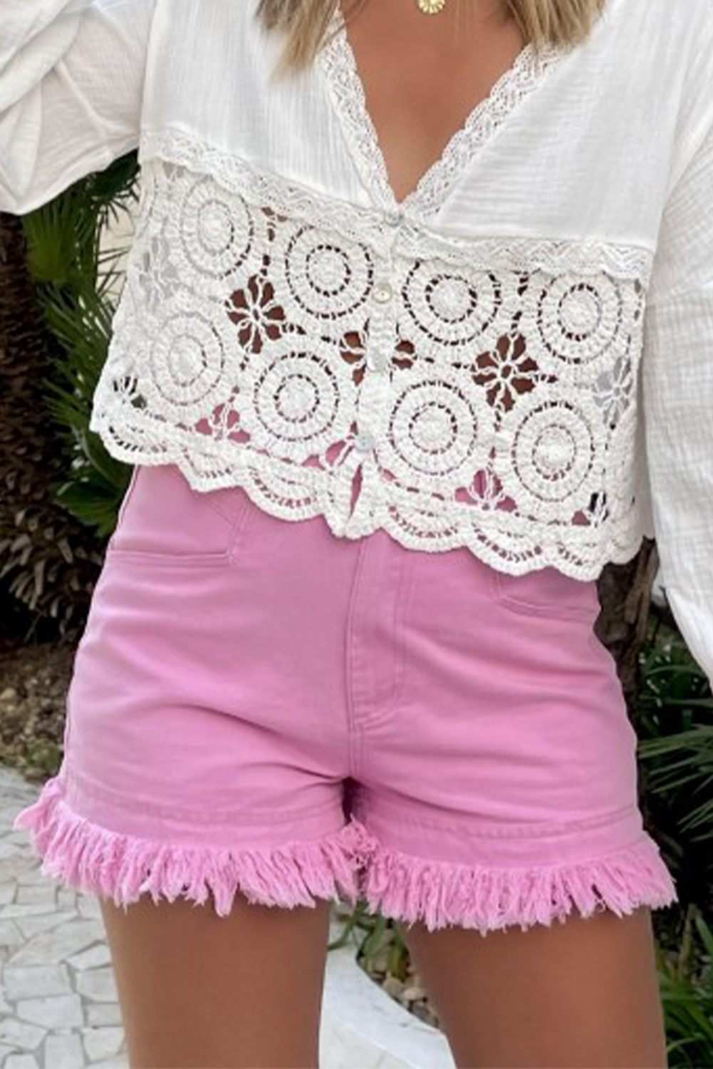 Women's Casual Pink Shorts, Mid Rise Cotton Blend Raw Hem - Detail View 3 Women's Casual Pink Shorts, Mid Rise Cotton Blend Raw Hem - Detail View 3