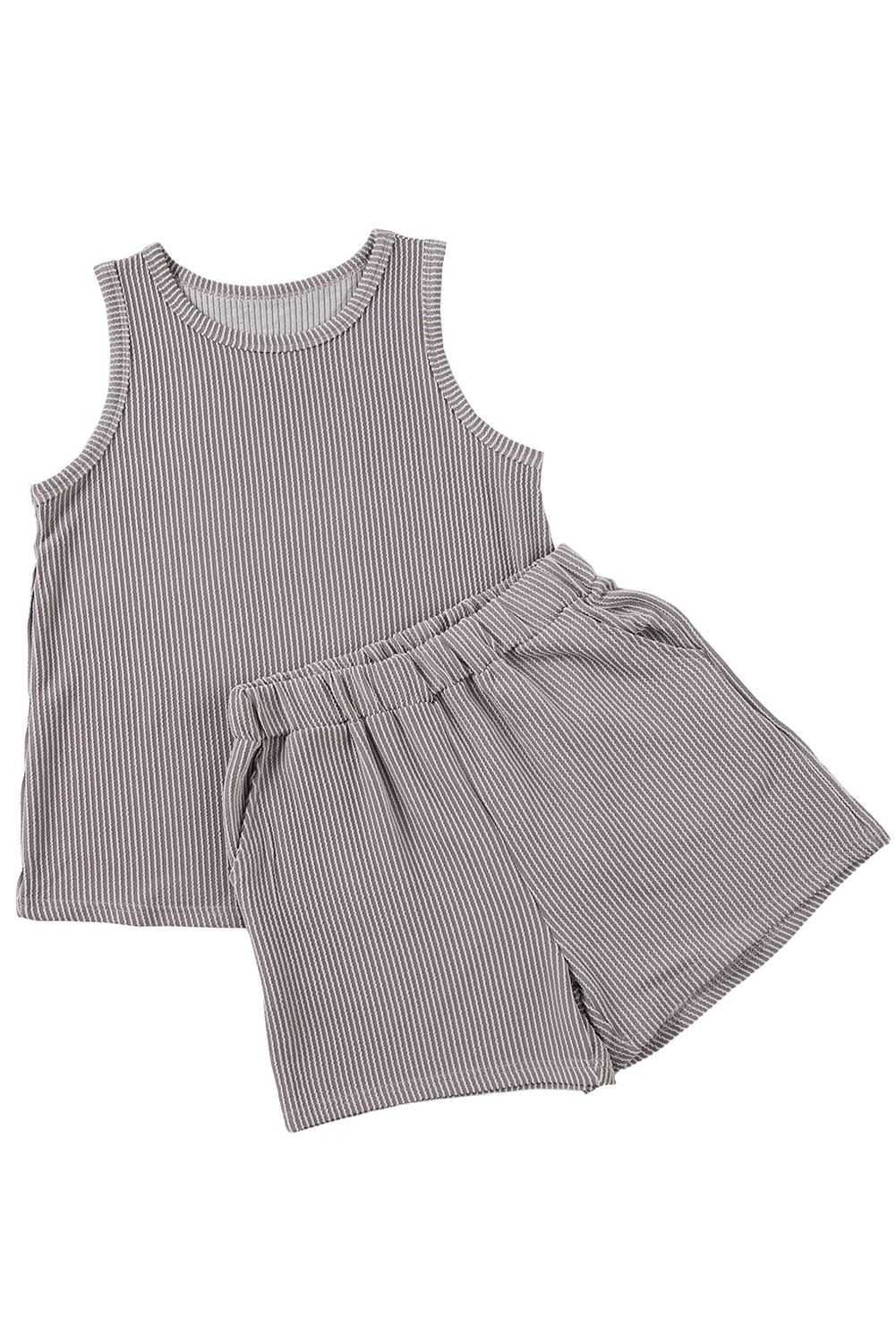 Women's Ribbed Sleeveless Set, Casual Grey Round Neck Outfit - Detail View 7 Women's Ribbed Sleeveless Set, Casual Grey Round Neck Outfit - Detail View 7
