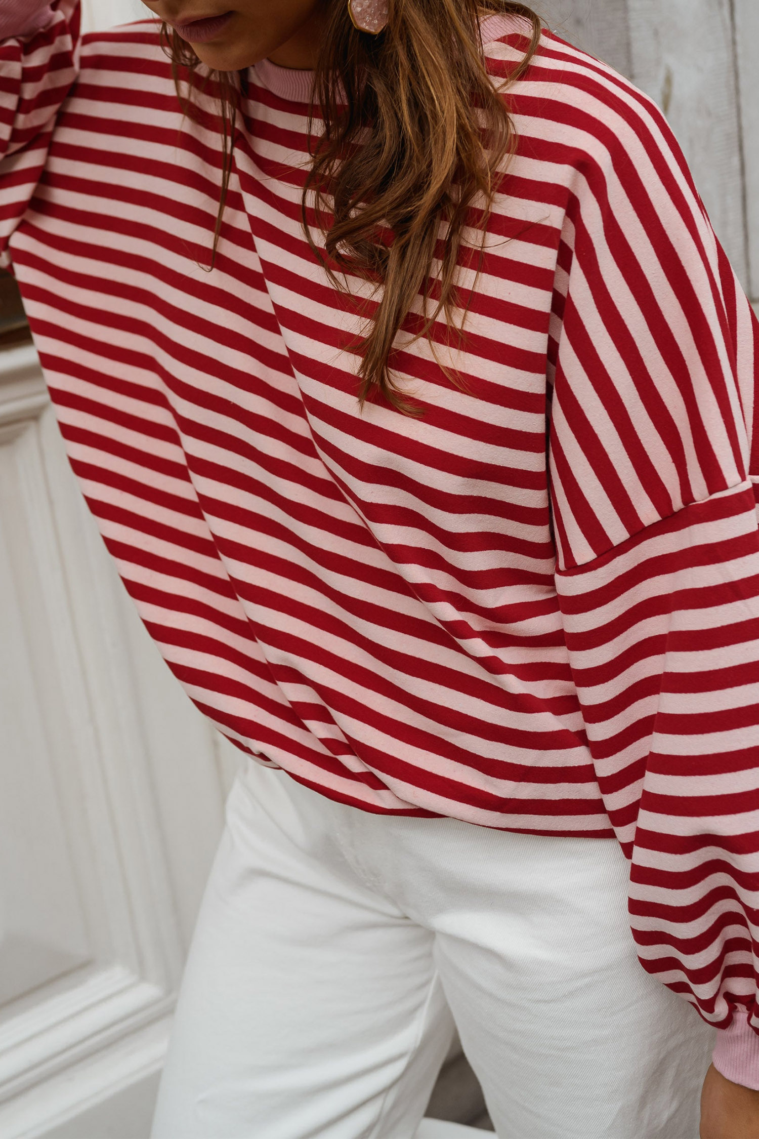 Striped Open Back Women's Tee, Cutout Detail Fall Pullover - Detail View 8 Striped Open Back Women's Tee, Cutout Detail Fall Pullover - Detail View 8