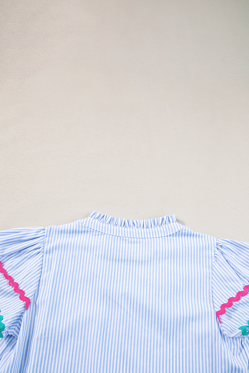 Feminine Short Sleeve Blouse: Sky Blue Stripe with V-Neck and Ruffled Sleeves - Detail View 12 Feminine Short Sleeve Blouse: Sky Blue Stripe with V-Neck and Ruffled Sleeves - Detail View 12